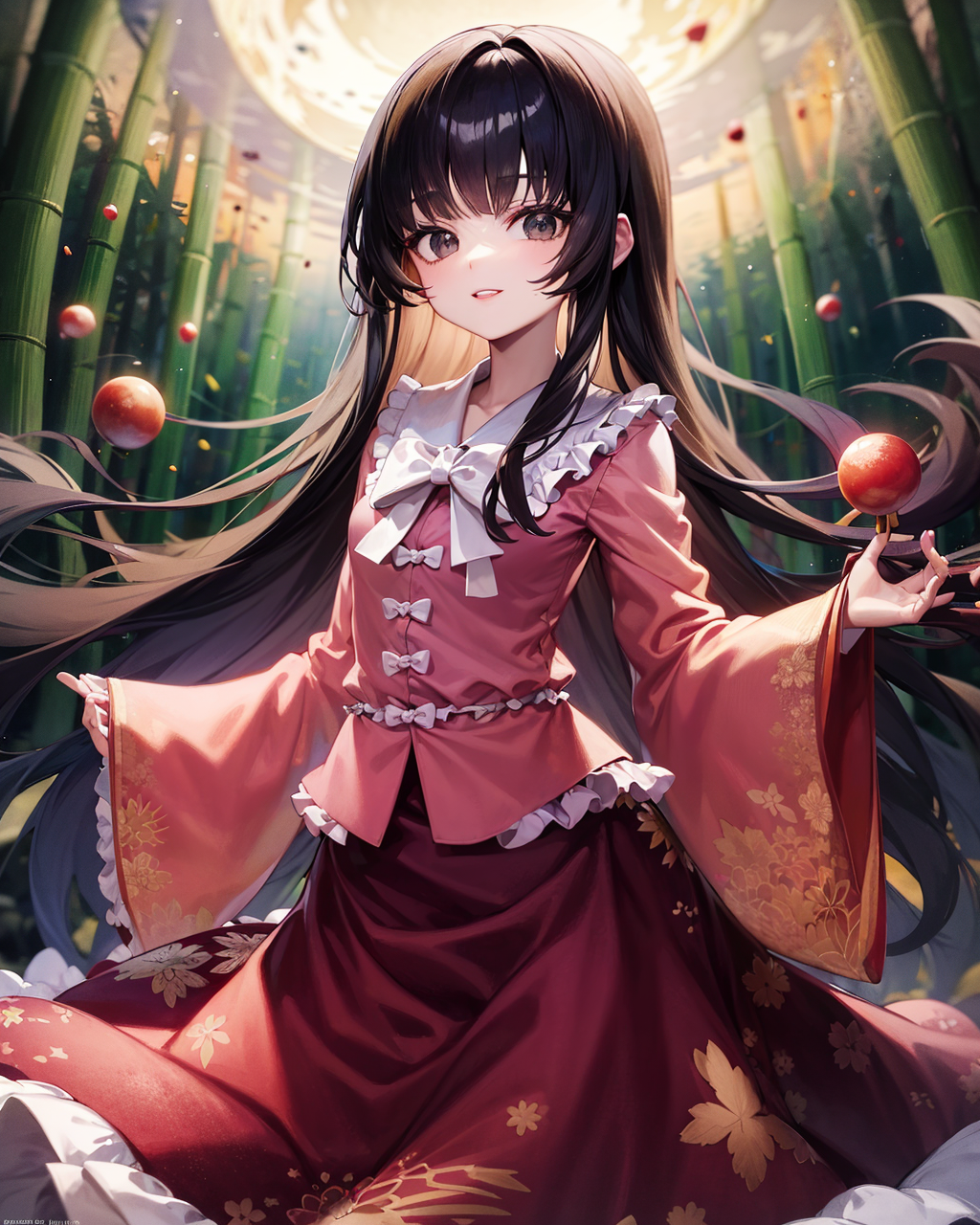 54760-3429584620-houraisan kaguya, 1girl, solo, bamboo, long sleeves, forest, pink shirt, moon, wide sleeves, bamboo forest, nature, jeweled bran.png